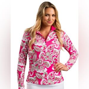 SanSoleil Solcool Print Zip Mock. Piper Paisley Pink